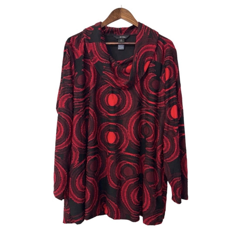Ali miles cowl neck blouse womens 2X black red swirl wearable art boho lagenlook